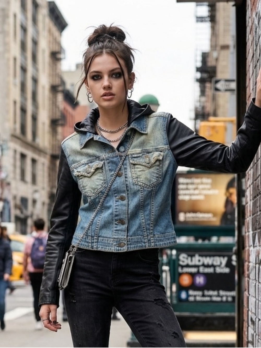 JET John Eshaya Denim & Lambskin Leather Jacket Hooded Trucker P/S